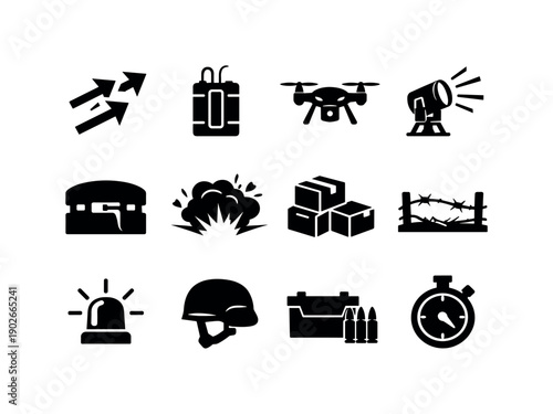 Battlefield Raid Icons. Battlefield raid. Solid icon set of Battlefield raid: raid arrows, breach charge, combat drone, searchlight, defensive