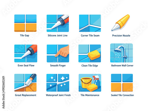 Tile Joint Sealing. Colorful flat vector icons set of Tile Joint Sealing: tile gap close-up, silicone joint line, corner tile seam, precision