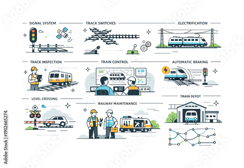 Railway engineering diagrams. Abstract editorial layout combining multiple small railway schematics on one page. Overview of systems and