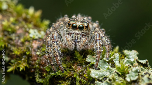 Macro Close-Up of Jumping Spider with Water Droplets on Mossy Branch