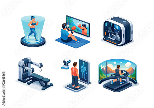 Future home fitness. Isometric flat vector icons set of future home fitness: holographic workout coach, VR fitness session, smart home gym