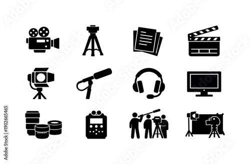 Movie Production Icons. Movie Production. Solid icon set of Movie Production: video camera, tripod stand, script pages, clapperboard action, lighting rig, boom