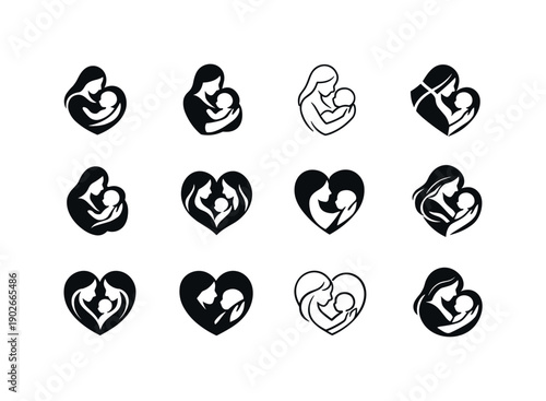 maternal and child health. Icon set. Set Logo of maternal and child health: caregiver with child icon. harmonious logo variations of the same