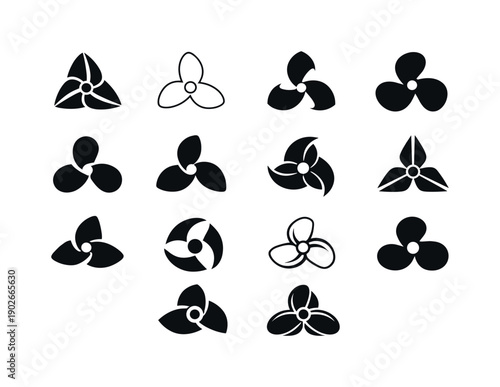 Fan. Icon set. Set Logo of Fan: rotating fan blades symbol. harmonious logo variations of the same emblematic concept, each with different