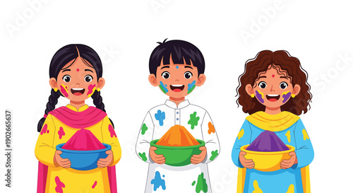 Holi festival children holding colorful powder or sweets, vector illustration for banner or poster or social media