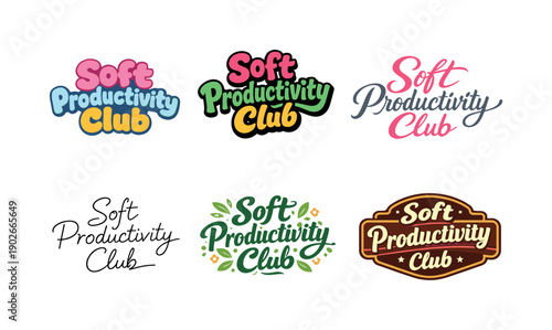 Soft productivity club. Set lettering. harmonious lettering variations of the same emblematic concept, each with different artistic