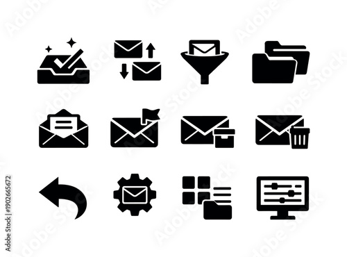 Inbox management. Solid icon set of inbox management: clean inbox icon, email sorting, inbox filter icon, mail folders, read email icon,
