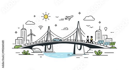 Modern bridge infrastructure. An abstract city scene with a sleek bridge connecting two urban areas, symbolizing connectivity and sustainable