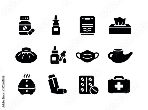 Allergy Relief Tools. Solid icon set of Allergy Relief Tools: antihistamine bottle, nasal spray, air purifier, tissue box, cold compress,