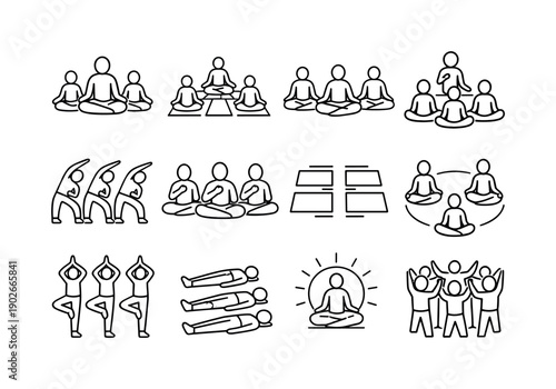 Group yoga. Line icon set of Group yoga: group meditation pose, yoga class session, seated lotus group, instructor leading class,