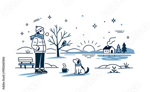 Cold morning atmosphere. Pale early morning light fills a quiet scene with cool tones and soft long shadows. The mood feels calm, fresh, and