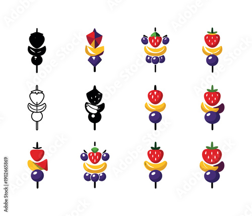 Fruit skewers. Icon set. Set Logo of fruit skewers: skewer with strawberry banana and grape. harmonious logo variations of the same