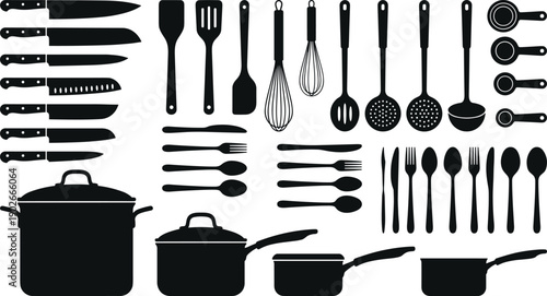 Collection of Professional Kitchen Utensils and Cookware Silhouettes Including Knives, Pots, Pans, Spatulas, Whisks, and Cutlery for Culinary Design and Cooking