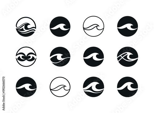 Inner peace. Icon set. Set Logo of inner peace: flowing wave and circle harmony mark. harmonious logo variations of the same emblematic