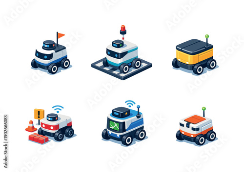 Urban delivery robots. Isometric flat vector icons set of urban delivery robots: city sidewalk robot, crosswalk navigating robot, curbside