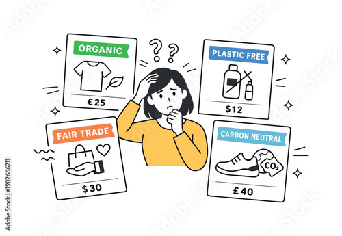 Ethical consumption tension. An editorial illustration showing multiple product cards competing for attention, with sustainability icons