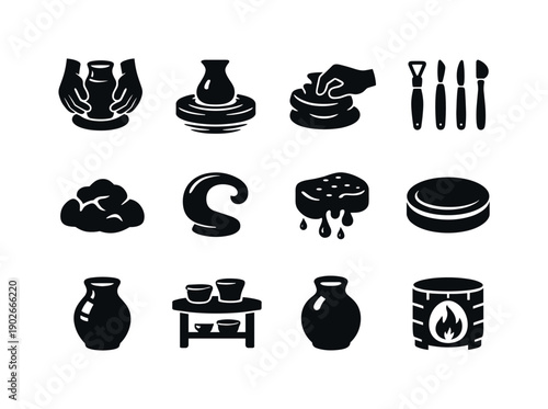 Artisan Pottery Icons. Artisan Pottery. Solid icon set of Artisan Pottery: clay vase shaping, spinning wheel motion, hand-guided form, pottery tool set, clay