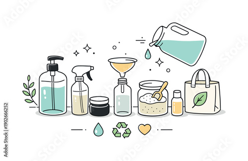 Sustainable Refill Bottles. Reusable refill bottles concept. Simple bottles and containers arranged cleanly, focusing on sustainability, refill culture, and