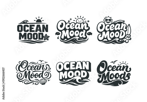 Varied Ocean Lettering. Ocean mood on. Set lettering. harmonious lettering variations of the same emblematic concept, each with different artistic