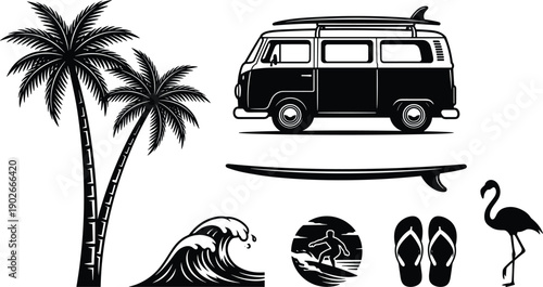 Retro Summer Surfing Lifestyle Vector Set with Vintage Camper Van, Surfboard, Palm Trees, Tropical Flamingo, Ocean Wave, and Flip Flops Silhouette