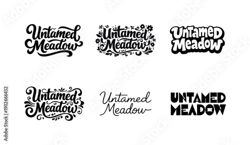 Diverse Lettering Styles. Untamed meadow type. Set lettering. harmonious lettering variations of the same emblematic concept, each with different artistic