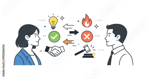 Values conflict at work. Two colleagues facing each other with calm expressions but with diverging icons floating between them. Visual