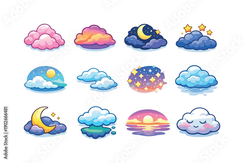 Dreamy Sky. Colorful isometric vector icons set of Dreamy Sky: soft pink clouds, sunset cloud gradient, moonlit cloud, cloud with stars, calm