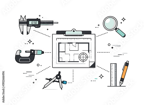 Precision tools. A modern workspace with precision tools and a simple blueprint, showing planning and exact execution. Clean, balanced