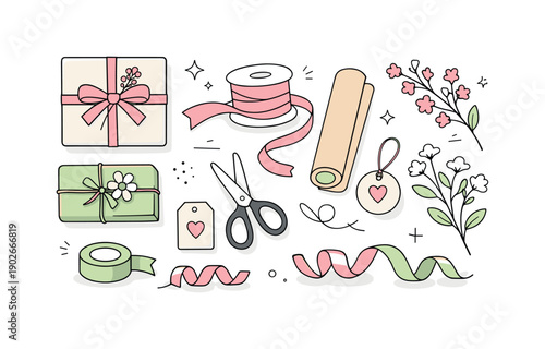 Spring present wrapping set. Minimal composition of wrapping elements with flower sprigs, soft colors and ribbon curls, evoking gentle