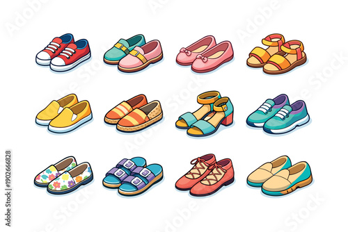 Spring shoes. Colorful isometric vector icons set of Spring shoes: canvas sneakers, pastel loafers, ballet flats, open toe sandals, slip-on