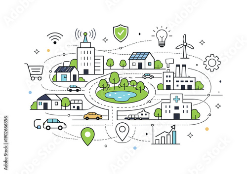 Smart city layout. A top-down view of a compact city with connected buildings, roads, and green zones linked by subtle data lines. Calm