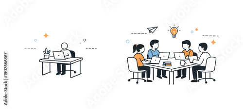 Isolation in open offices symbolic. Abstract desk arrangements where one desk is surrounded by negative space, while others are closely