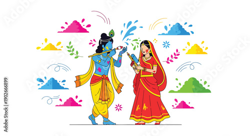 Holi festival illustration, Krishna and Radha throwing colored powder, vector, vibrant, for celebration or cultural event, poster or banner