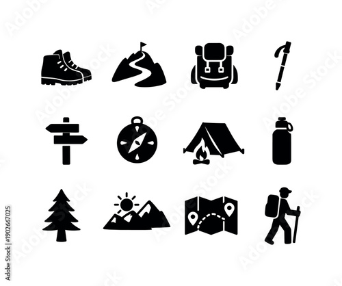 Black Hiking Icon Set. Hike. Solid icon set of Hike: hiking boots, mountain trail, backpack, walking stick, trail signpost, compass, campsite tent, water