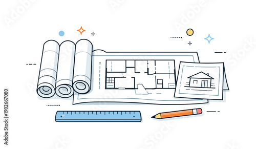 Blueprints and Tools. Architectural blueprints overview. Rolled and open blueprints neatly arranged with simple tools like a ruler and pencil. The composition