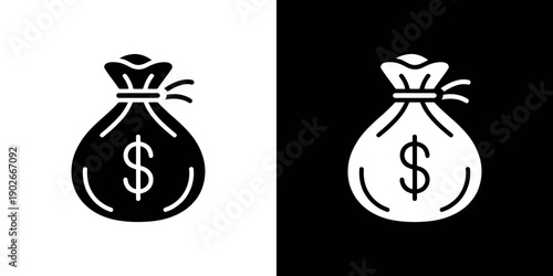 Black and white money bag with dollar sign on contrasting backgrounds symbol