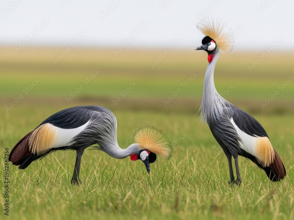 Obraz premium Two crowned cranes standing in a grassy field with natural habitat