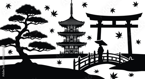 Traditional Japanese Landscape Silhouette with Pagoda Temple, Torii Gate, Bonsai Tree, Zen Garden, and Woman in Kimono under Falling Autumn Leaves