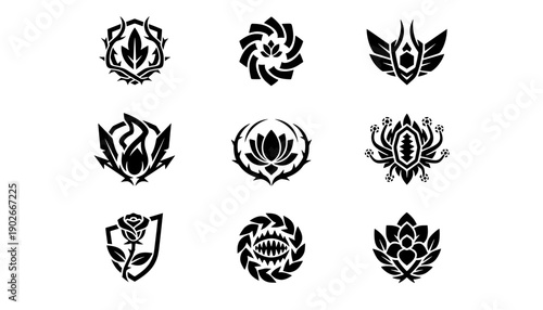Set of 9 black vector floral mascot logos featuring aggressive rose lotus and thorn shapes for esports gaming team identity and branding