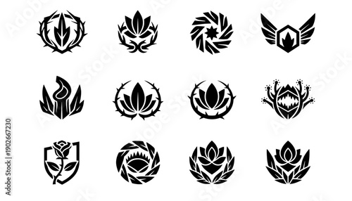 Set of 12 aggressive floral esport vector icons with thorn wreaths shields and wings for gaming team mascot logo and branding design