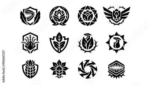 Collection of 12 aggressive nature vector icons featuring venus flytraps mushrooms and thorny flowers for esports gaming team mascot identity design