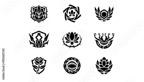 Vector collection of nine floral esport logo bases featuring aggressive flower icons, shields, and thorns perfect for gaming team mascot branding design