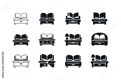 bedside book. Icon set. Set Logo of bedside book: open book resting on nightstand. harmonious logo variations of the same emblematic concept,