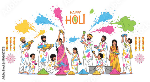 Holi festival illustration with people throwing colored powders, Happy Holi text, vector graphic for banner or poster