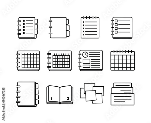 Notebook Icon Set. Notebook Organization. Line icon set of Notebook Organization: indexed notebook, section divider, bullet points page, to-do list layout,