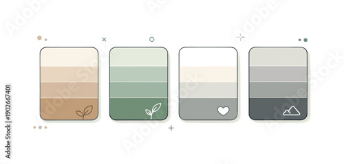 Calming Color Swatches. Neutral color swatch board. Simple cards showing color gradients from beige to sage green, soft white to stone grey, arranged in a row.
