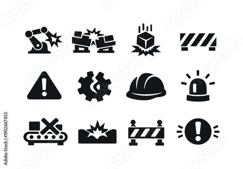 Industrial Collision. Solid icon set of Industrial Collision: robot arm impact, factory machine crash, falling object, warning stripes,