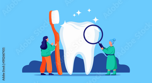 Dental hygiene vector illustration of people examining a large tooth with a toothbrush and magnifying glass, highlighting oral care