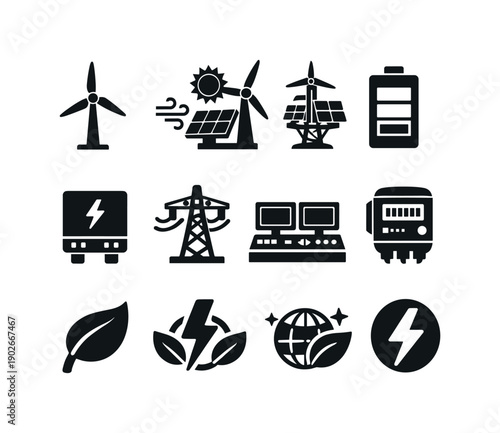Wind-Solar Hybrid Icons. Wind-solar hybrid plants. Solid icon set of wind-solar hybrid plants: wind turbine, solar panel, sun and wind icon, hybrid energy