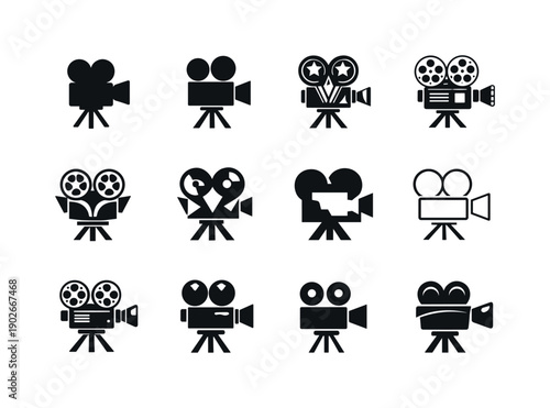 Old Hollywood glamour. Icon set. Set Logo of old Hollywood glamour: retro film camera. harmonious logo variations of the same emblematic